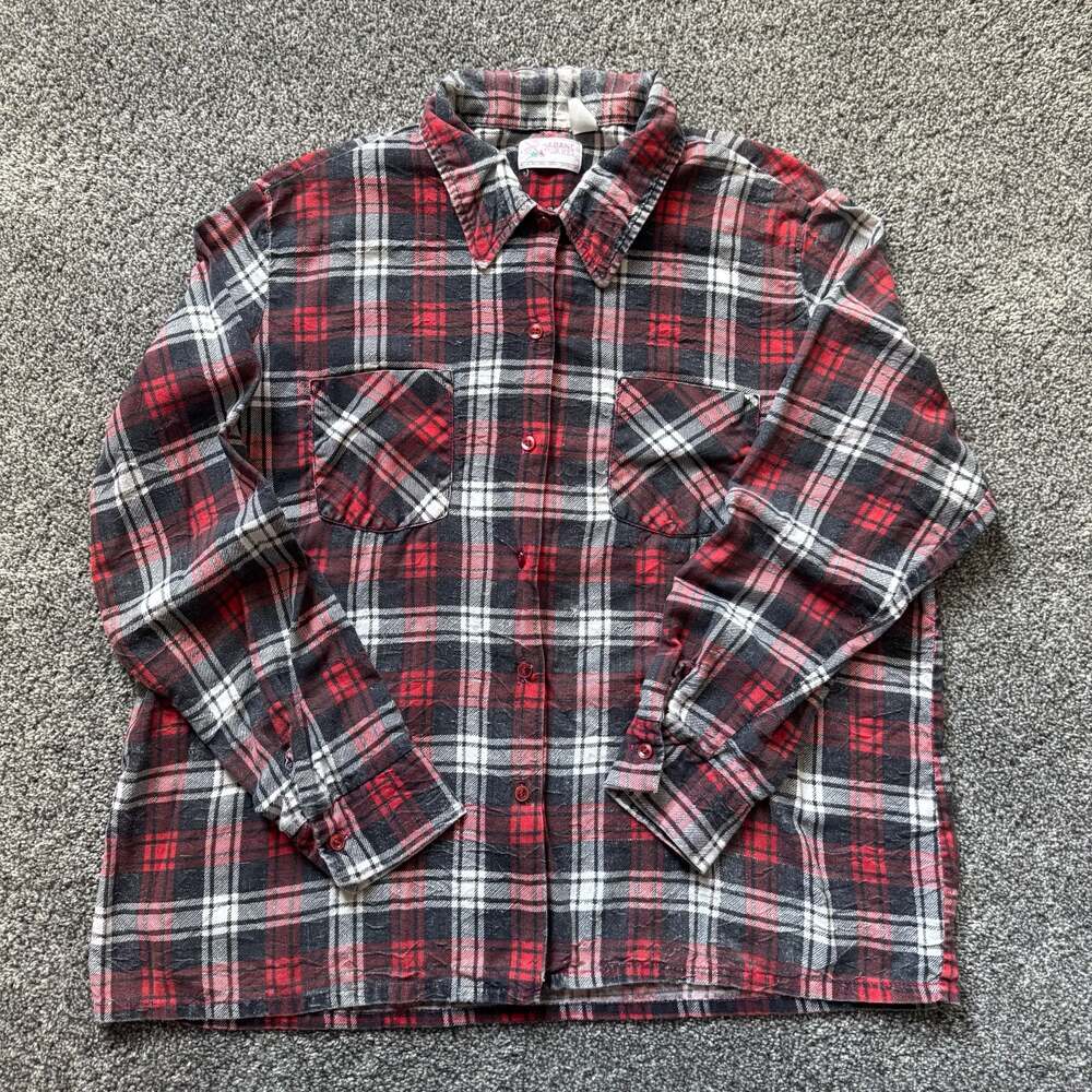 Vintage Haband For Her Red Black Plaid Flannel Button Down Shirt Distressed